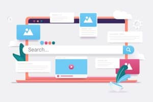 An illustration of an online search bar surrounded by media