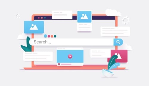 An illustration of an online search bar surrounded by media