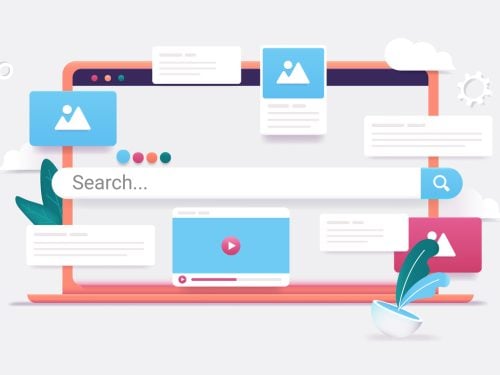 An illustration of an online search bar surrounded by media