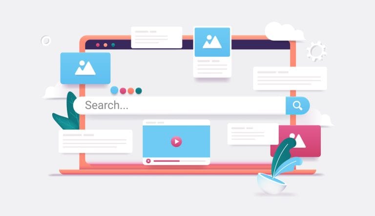 An illustration of an online search bar surrounded by media