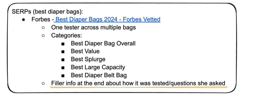 A screenshot of a note I made about Forbes's article in the "best diaper bags" SERPs; one note mentions: "filler info at the end about how itw as tested/questions she asked"