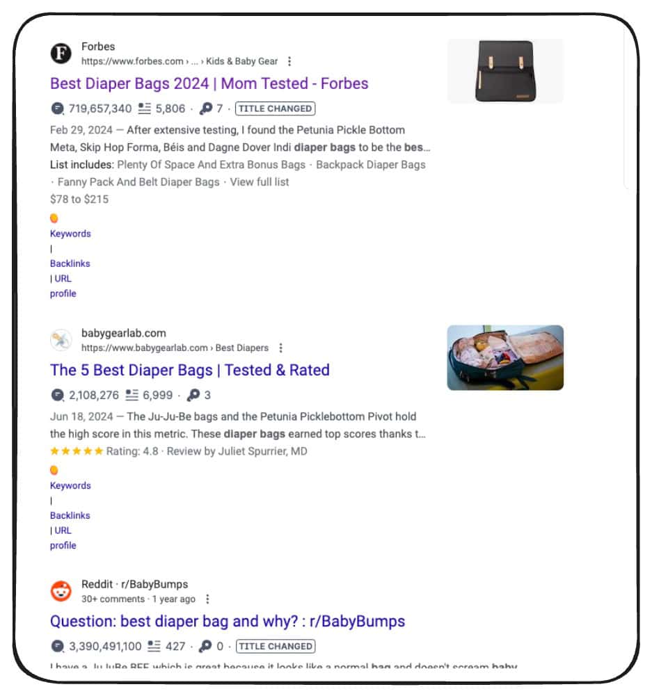 A screenshot of the articles ranking for "best diaper bags," including Forbes
